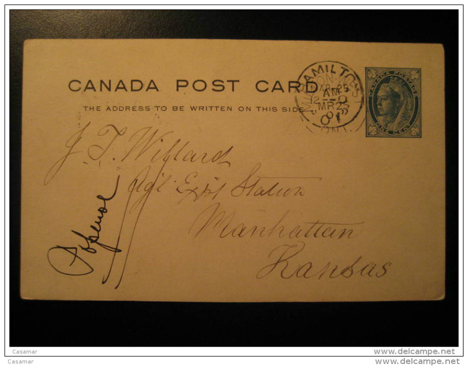 Hamilton 1901 To Manhattan Kansas USA Postal Stationery Card Canada - 1860-1899 Victoria