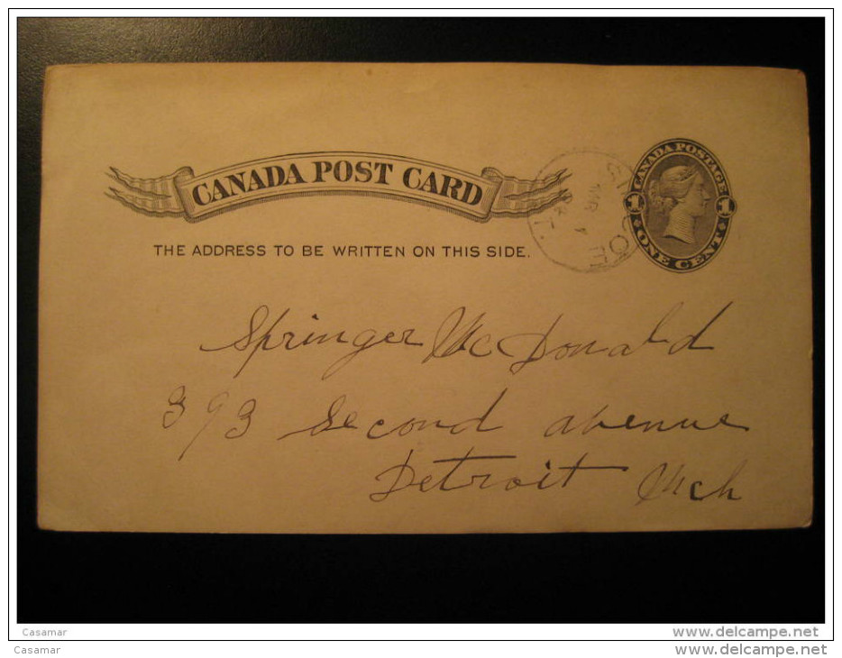 Simcoe 1894 To Detroit USA Postal Stationery Post Card One Cent Canada - 1860-1899 Victoria