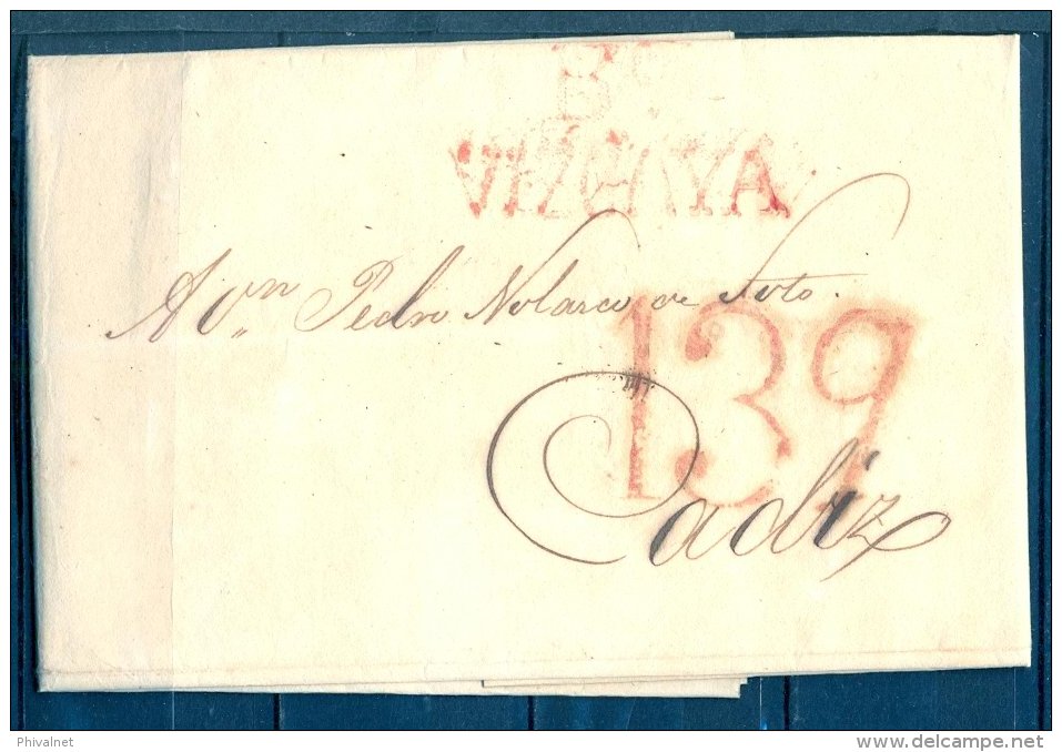 1829 , VIZCAYA , CARTA CIRCULADA ENTRE BILBAO Y CADIZ , TIZÓN Nº 17 , PORTEO " 139 " - ...-1850 Prefilatelia