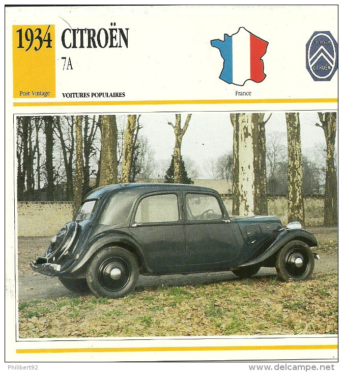 Fiche Technique Automobile Citroën Traction Avant 7A 1934 - Autos