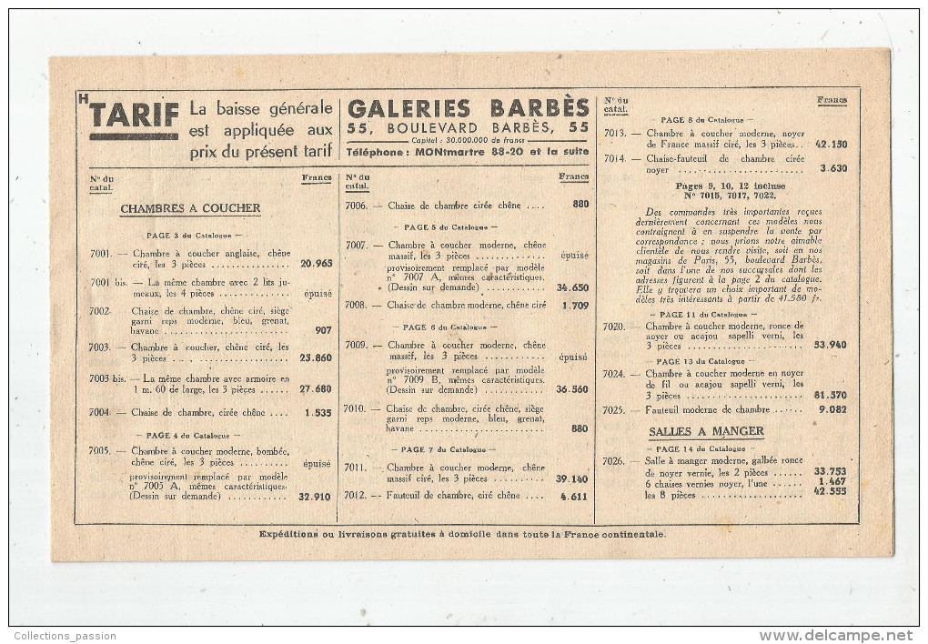 Tarif , Meubles , GALERIES BARBES , Paris , 8 Pages , 2 Scans, Frais Fr : 1.55€ - Andere & Zonder Classificatie