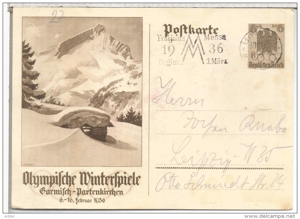 ALEMANIA ENTERO POSTAL JUEGOS OLIMPICOS DE INVIERNO 1936 GARMISCH PARTENKIRCHEN MATY LEIPZIG FERIA - Winter 1936: Garmisch-Partenkirchen