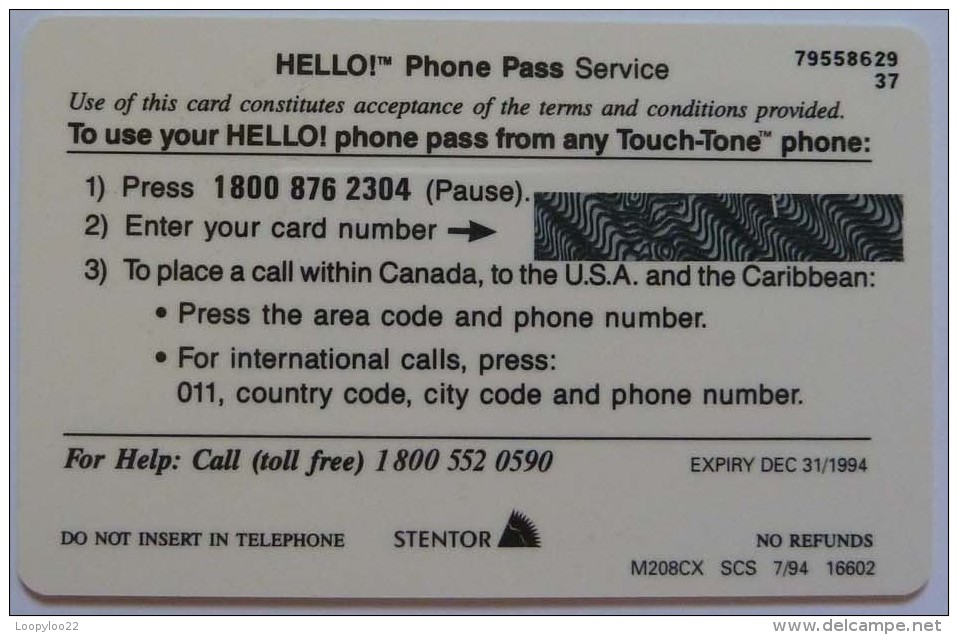 CANADA - Bell - Prepaid CardEx 94 - Hello Phone Pass - MINT - Kanada