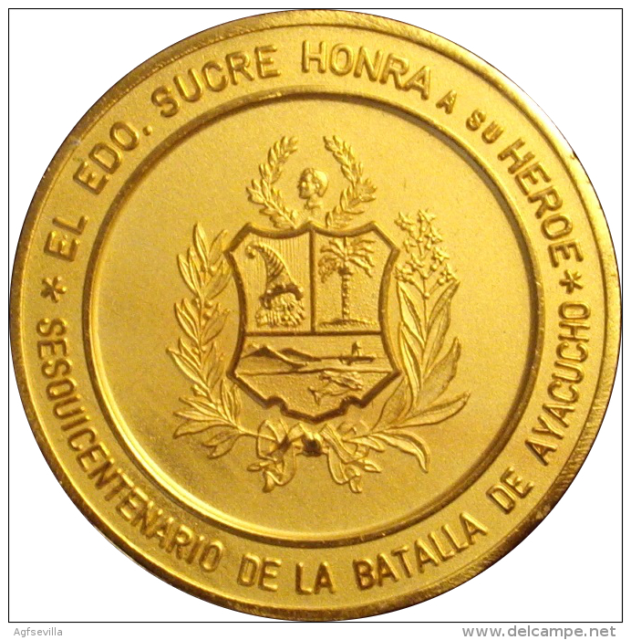 VENEZUELA. MEDALLA OFICIAL DEL SESQUICENTENARIO DE LA BATALLA DE AYACUCHO. 1.974. DORADA - Adel