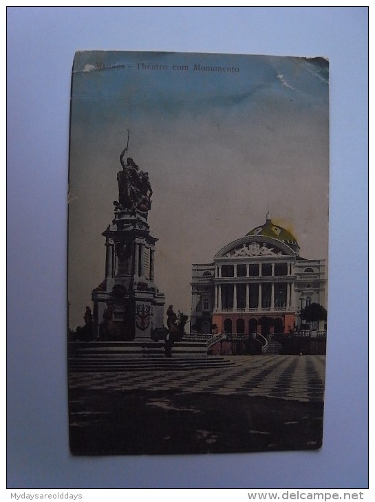 1 Cpa - Brazil Brasil - Manaus - Teatro Com Monumento (2 Scans) - Manaus