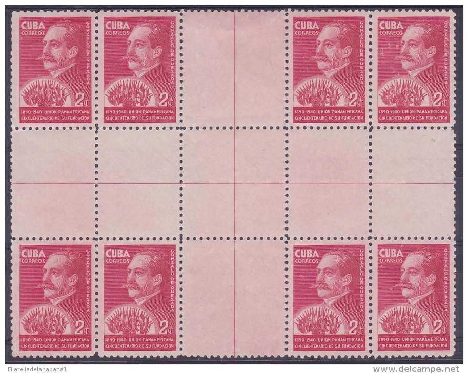 1940-171 CUBA. REPUBLICA 1940 Ed.336CH GONZALO DE QUESADA CENTRO DE HOJA BLOCK 8CENTER OF SHEET. MNG NO GUM. - Unused Stamps