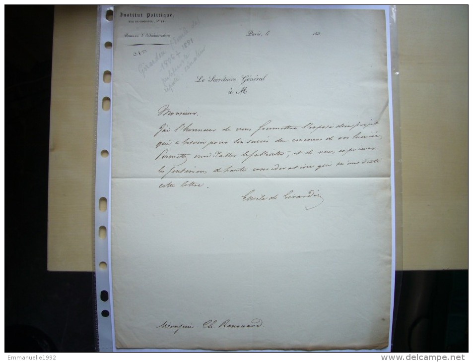 Lettre Autographe De Emile De Girardin Journaliste Homme Politique 1802-1881 Second Empire - Personnages Historiques