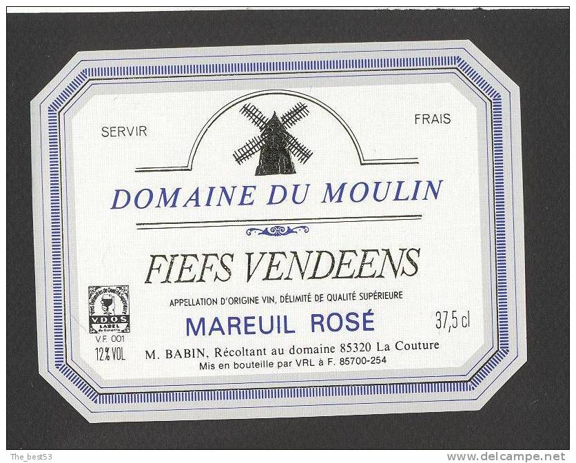 Etiquette De Vin Fiefs Vendéens - Domaine Du Moulin - M. Babin La Couture (85) - Thème Moulin à Vent - Moulins à Vent