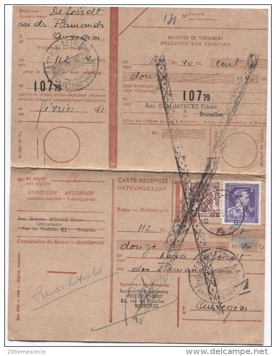 TP 693-714  Perforé M.F. S/Carte Récépissé Des Ets Mynce Frères C.Bruxelles En 1951 Pour Ansegem  AP901 - 1951-..