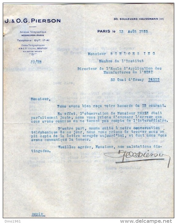 VP3545 - Tabac - Lettre De J.& O.G. PIERSON à PARIS Pour Mr Th. SCHLOESING Directeur Des Manufactures De L´Etat - Dokumente