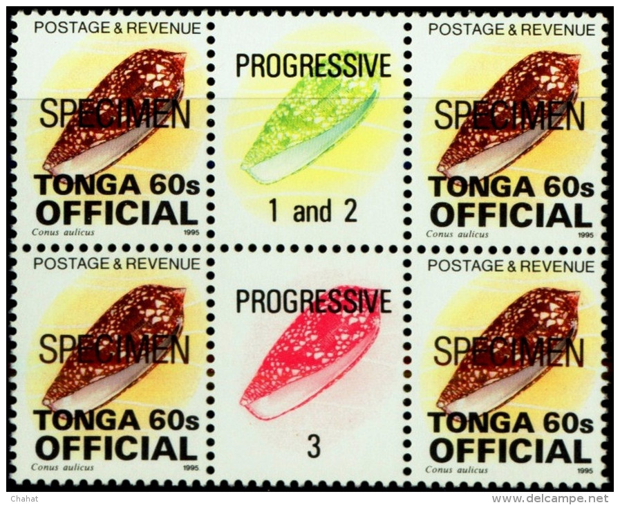 TONGA-CONESHELLS-PROGRESSIVE COLORS-SPECIMEN-OVPT OFFICIAL-GUTTER BLOCK OF 6-MNH-B9-247 - Tonga (1970-...)