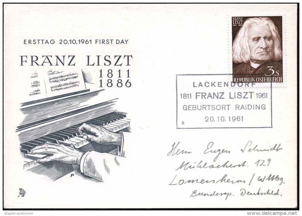 ÖSTERREICH 1961 (20.10.) SSt: LACKENDORF/FRANZ LISZT/GEBURTSORT RAIDING Klar Auf EF 3 S. F. Liszt,... - Other & Unclassified