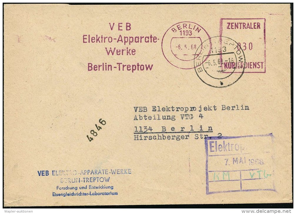 1193 BERLIN/ ZKD/ VEB/ Elektro-Apparate/ Werke 1968 (6.5.) Lila ZKD-AFS Postalia + Schw. Paginier-1L + Viol. Ra3:... - Other & Unclassified