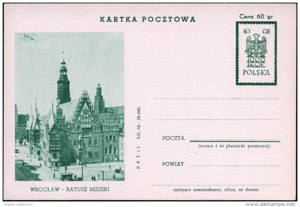 POLEN 1961 40 Gr. BiP "1000 Jahre Polen": WROCLAW - RATHUZ = Breslau Rathaus, Kompl. Serie (4 Farben) Ungebr., 4... - Autres & Non Classés