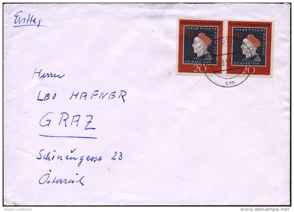 B.R.D 1959 (6.3.) 20 Pf. "500 Jahre Jakob Fugger", Reine MeF: Paar Klar Gest., Portorichtiger Bedarfs-Ausl.-FDC... - Autres & Non Classés