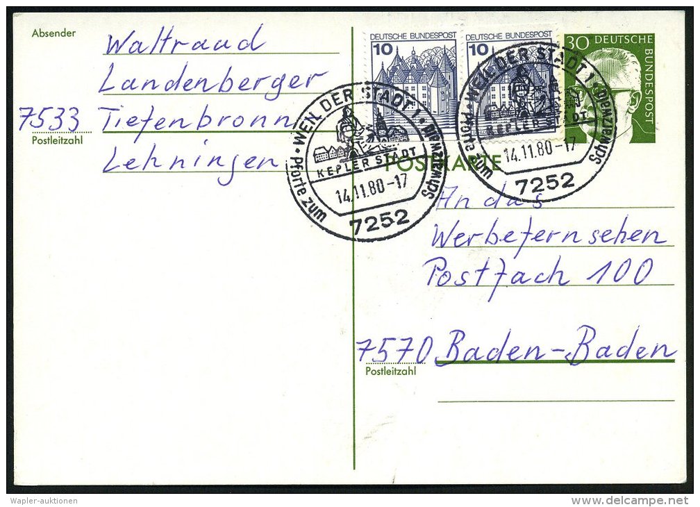 7252 WEIL DER STADT/ KEPLERSTADT.. 1980 (14.11.) HWSt = Kepler-Denkmal (= Astronom U. Astrologe) Bedarfs-Kt. (Bo.3) - Autres & Non Classés