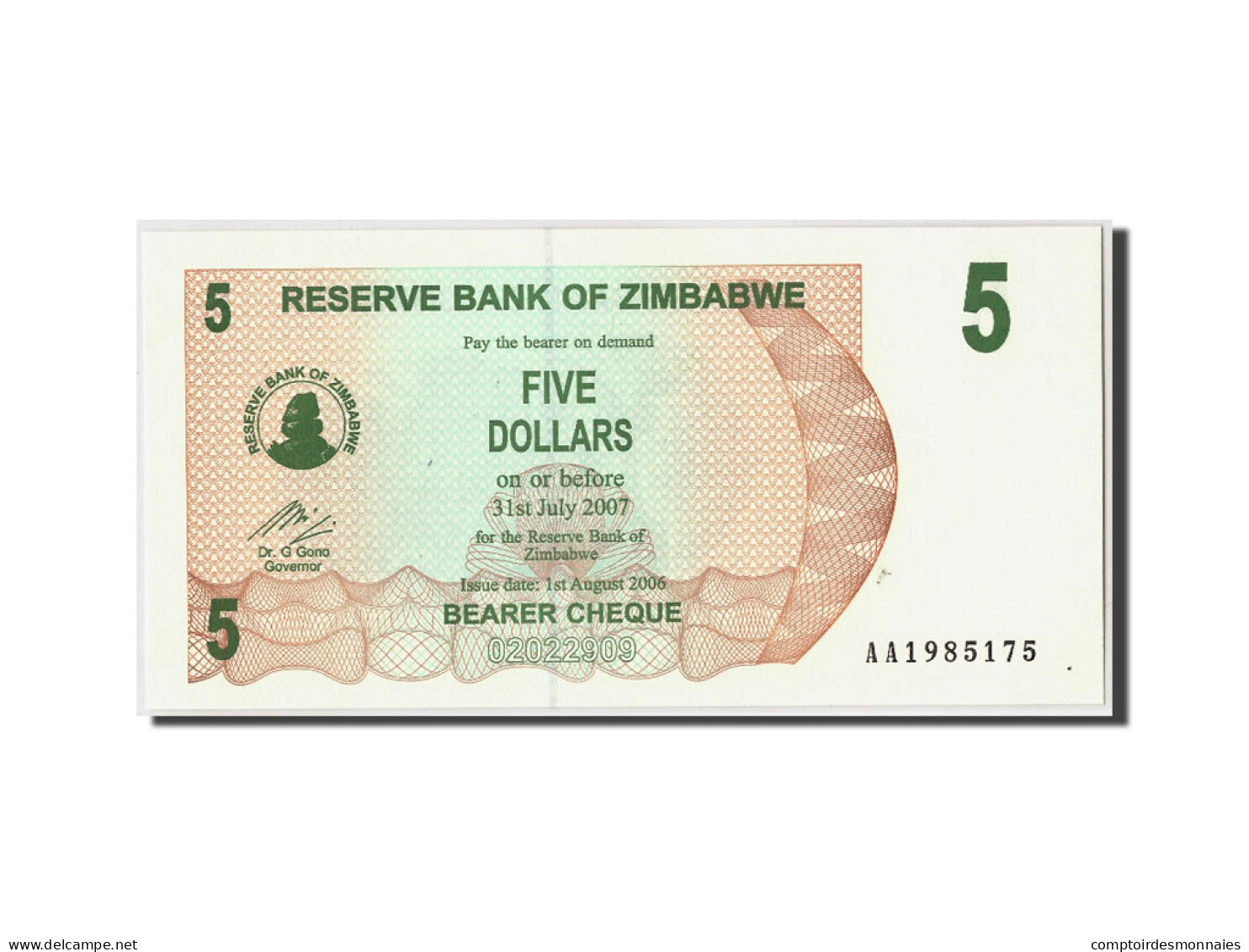 Billet, Zimbabwe, 5 Dollars, 2006, 2006-08-01, KM:38, NEUF - Zimbabwe