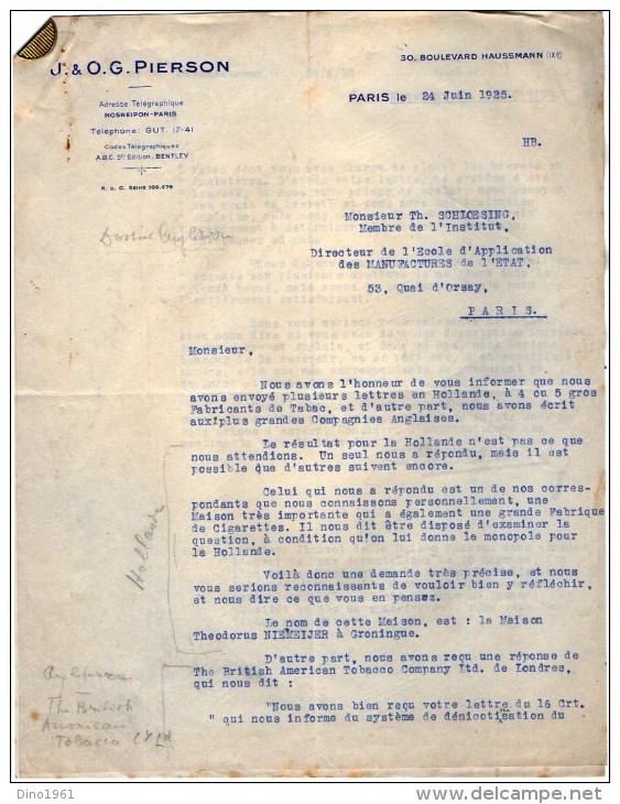 VP3625 - Lot De Lettres De Mrs J.& O.G. PIERSON  Concernant La Vente & Fabrication Du Tabac Pour Mr SCHLOESING à PARIS - Documents