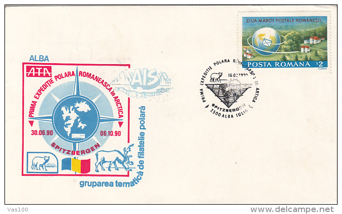 FIRST ROMANIAN ARCTIC EXPEDITION, SPITZBERGEN, POLAR BEAR, REINDEER, SPECIAL COVER, 1990, ROMANIA - Expéditions Arctiques