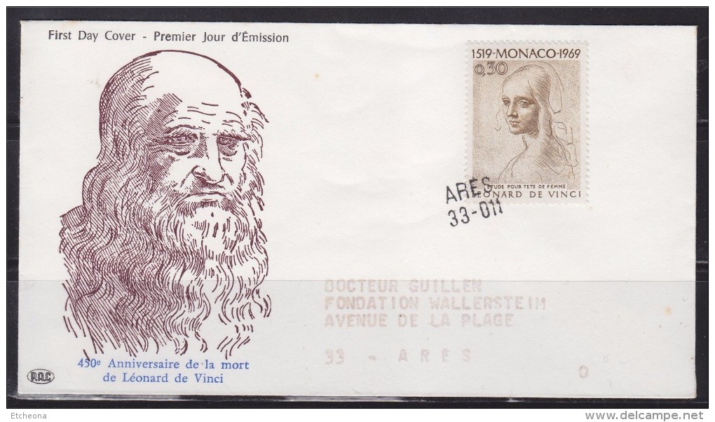 = Monaco Etude Pour Tête De Femme Anniversaire Mort Léonard De Vinci N°799 Oblitération à L'arrivée Arès 33-011 (Gironde - Brieven En Documenten