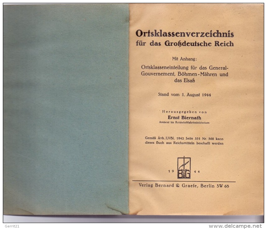 Ortsklassenverzeichnis Für Das Grossdeutsche Reich, 1944, Incl. General-Gouvernement, Böhmen&Mähren, Elsass-L. - Enciclopedias