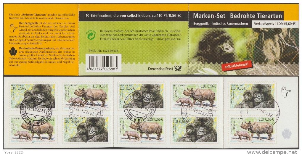 Allemagne 2001 Y&T C2036. Carnet De Timbres Auto-adhésifs. Gorilles Des Montagnes Et Rhinocéros Unicorne De L'Inde - Gorilles