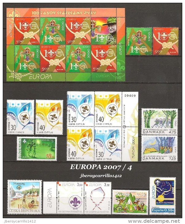 EUROPA 2007 - "EXPLORADORES / SCOUTS" -CONJUNTO DE SELLOS y HOJITAS BLOQUES.-TEMÁTICA EMITIDA POR 63 PAÍSES  EL AÑO 2007