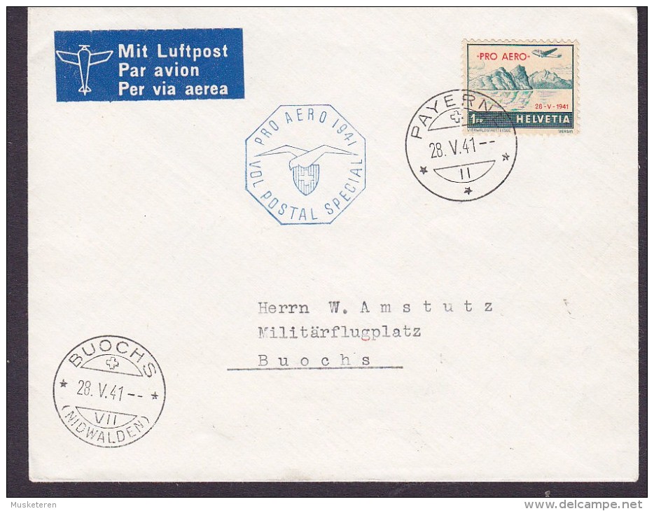 Switzerland LUFTPOST Label PRO AERO Vol Postal Special 1st Flight PAYERNE 1941 Cover Lettera BUOCHS Nidwalden - Eerste Vluchten