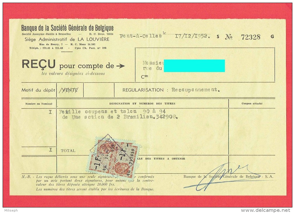 Banque Société Générale Belgique - La Louvère - Pont-à-Celles - Achat Action -1952 -  2 BRAZZILIAN - Timbre Fisc  (4151) - Timbres