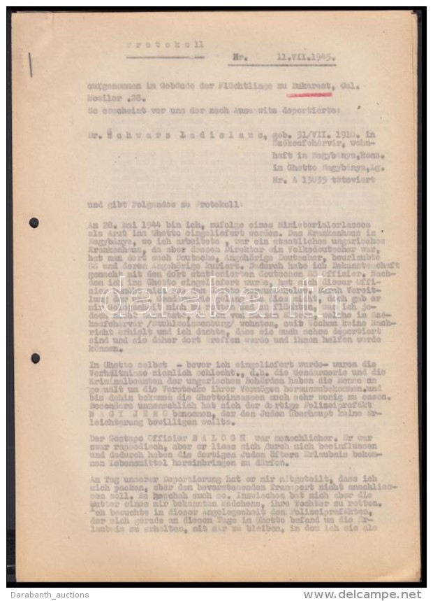 1945 Eredeti, Korabeli JegyzÅ‘könyv Másolat Melyet Felvettek Bukarestben A Joint Házában ... - Sonstige & Ohne Zuordnung