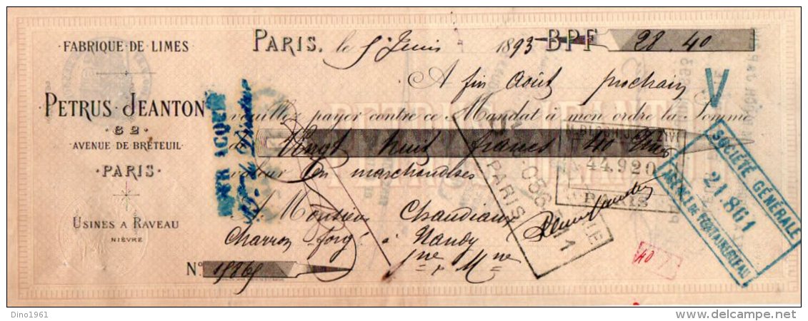 VP3988 - Lettre De Change - Fabrique De Limes PETRUS - JEANTON  à PARIS - Usine à RAVEAU - Wissels