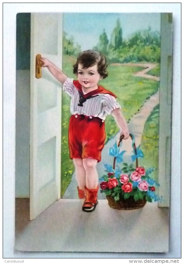 Cp Litho Illustrateur HWB 4931 JMPORT Hannes PETERSEN ? Enfant Garcon Ouvrant Porte Avec Panier Fleurs - Petersen, Hannes