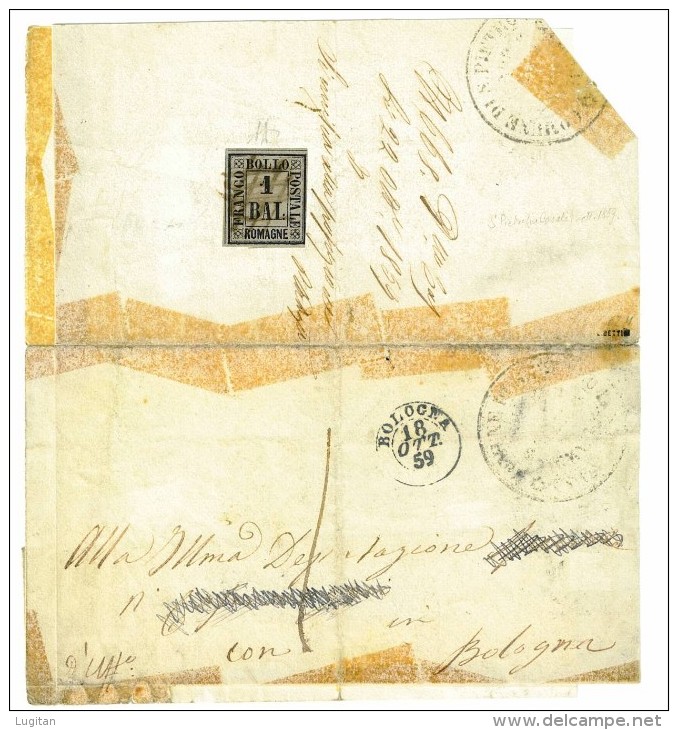 ROMAGNE - 1 BAJ ANNULLATO A CROCETTA SU DOCUMENTO - RARO -  ANNO 1859 - Romagna