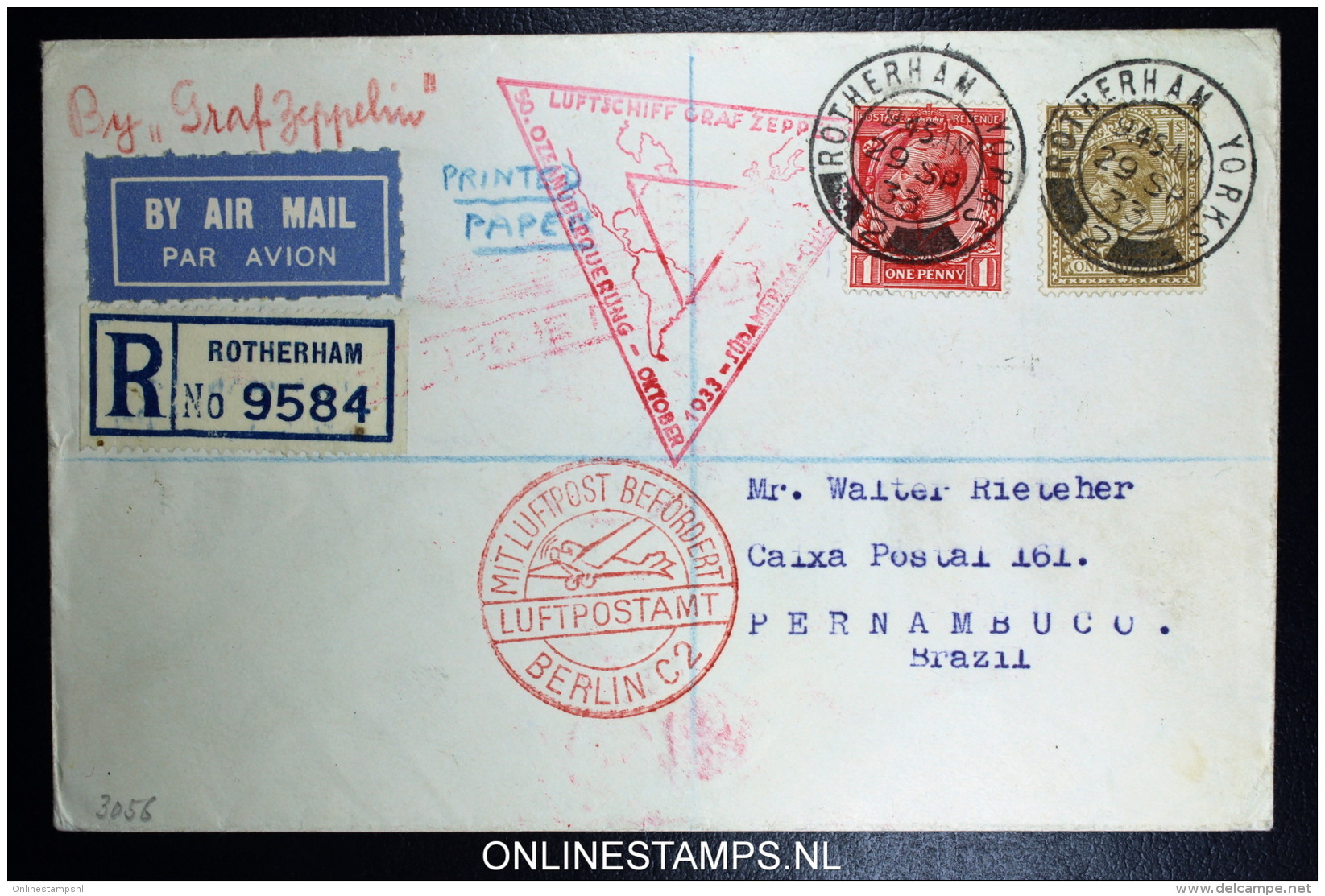 Graf Zeppelin Sudamerikafahrt-chicagofahrt  Sieger 238 E Rotherham  Friedrichshafen Pernambuco Brasil. Registered Cover - Brieven En Documenten