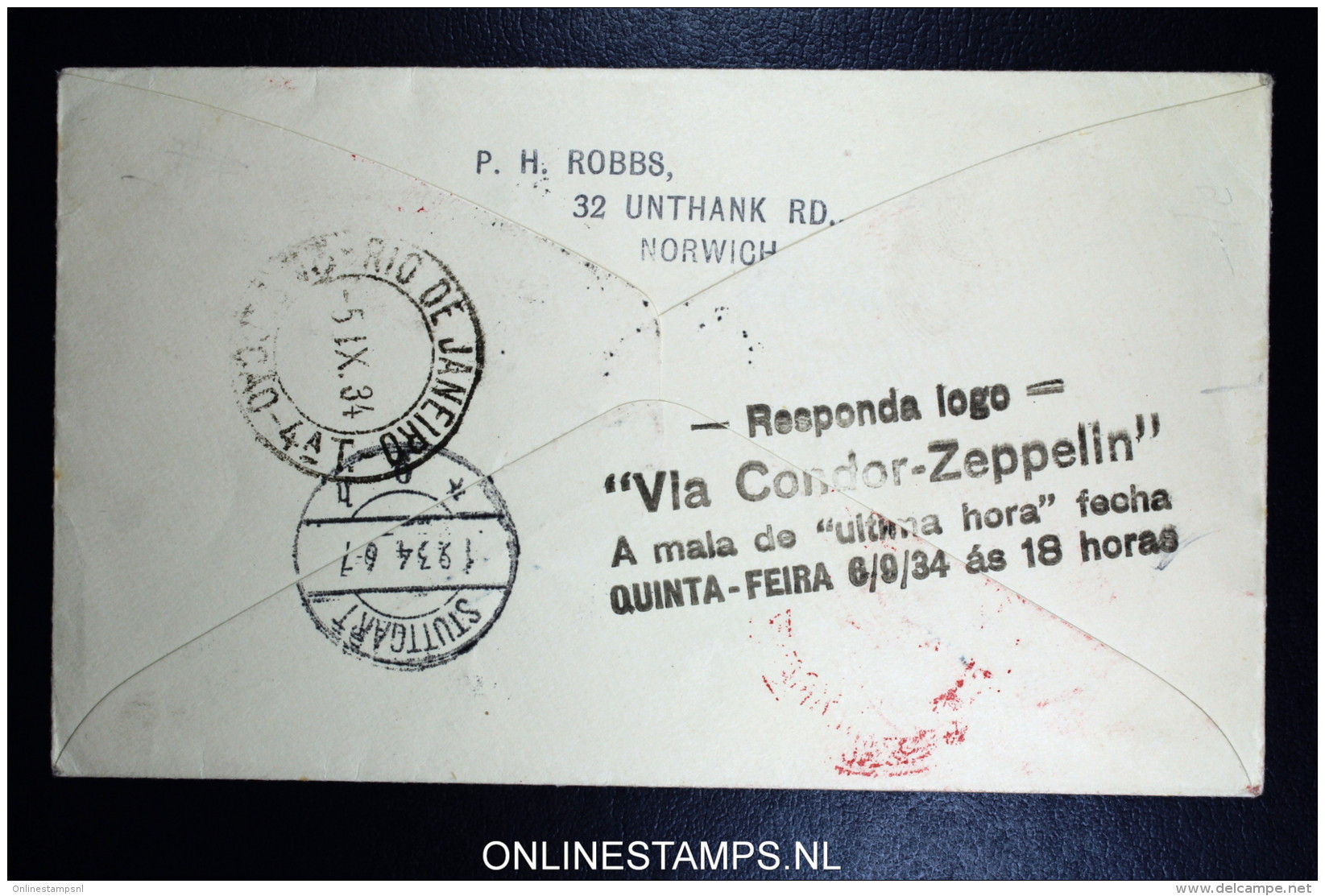 Graf Zeppelin 7. Sudamerikafahrt  1934 Sieger 271   Norwich To Rio  Vertragsstaatenpost - Covers & Documents