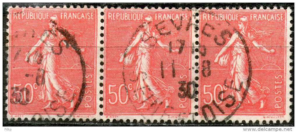 France,1926,Sower,horizont Strip Of 3,Y&T#199,Mi#161,Scott#146,10c,cancel:Sevres-Seine Et Oise,11.08.1930,used,see Scan - Used Stamps