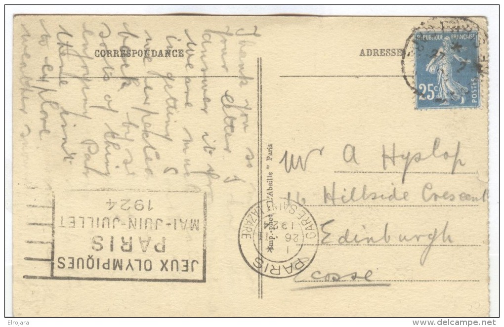 FRANCE Olympic Machine Cancel Paris Gare Saint Lazare Of 26 II 1924 On Postcard To Scotland - Summer 1924: Paris