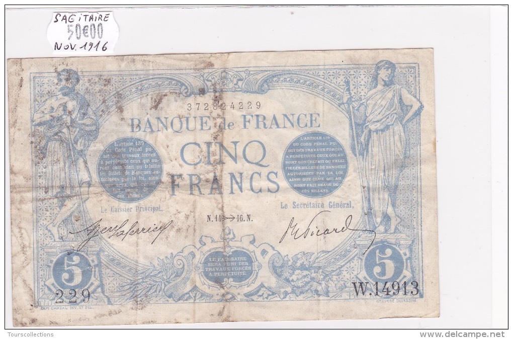 Billet De 5 Francs Bleu Du 14/11/1916 SAGITTAIRE - W.14913 Alph 229 @ N° Fayette : 2.45 - 5 F 1912-1917 ''Bleu''