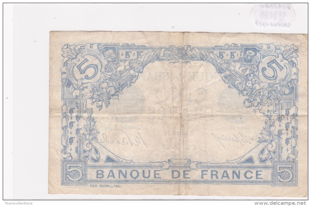 Billet De 5 Francs Bleu TTB+ Du 25/01/1917 VERSEAU - O.16118 Alph 696 @ N° Fayette : 2.47 Date Plus Rare !!! - 5 F 1912-1917 ''Bleu''