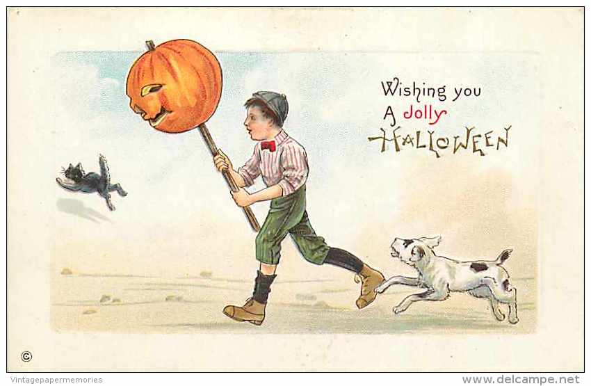 241583-Halloween, Stecher No 339 A, Boy With JOL On Stick Chasing Black Cat While Being Chased By A Dog - Halloween