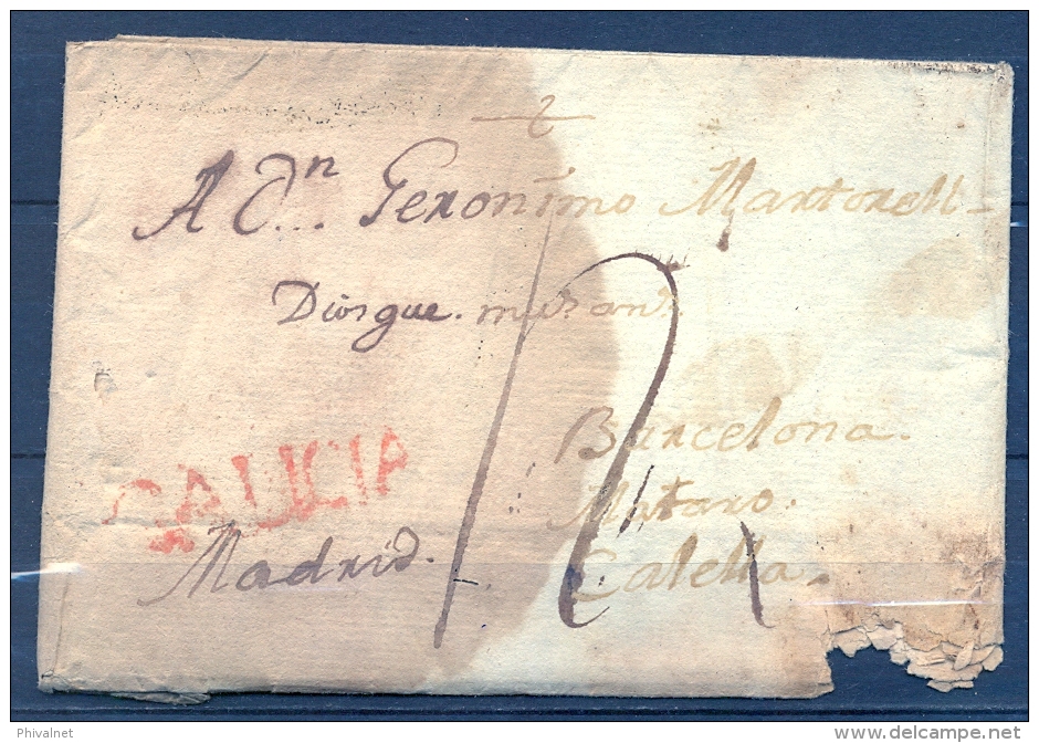 1795 , GALICIA , CORUÑA , D.P. 16 , CARTA CIRCULADA ENTRE EL FERROL Y CALELLA , RRR MARCA PREFILATÉLICA - ...-1850 Préphilatélie