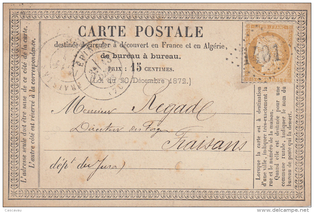 Carte  Postale  Précurseur  Oblitération  Gros  Chiffres  1401   EPINAC  ( Saône Et  Loire )   1873 - Vorläufer