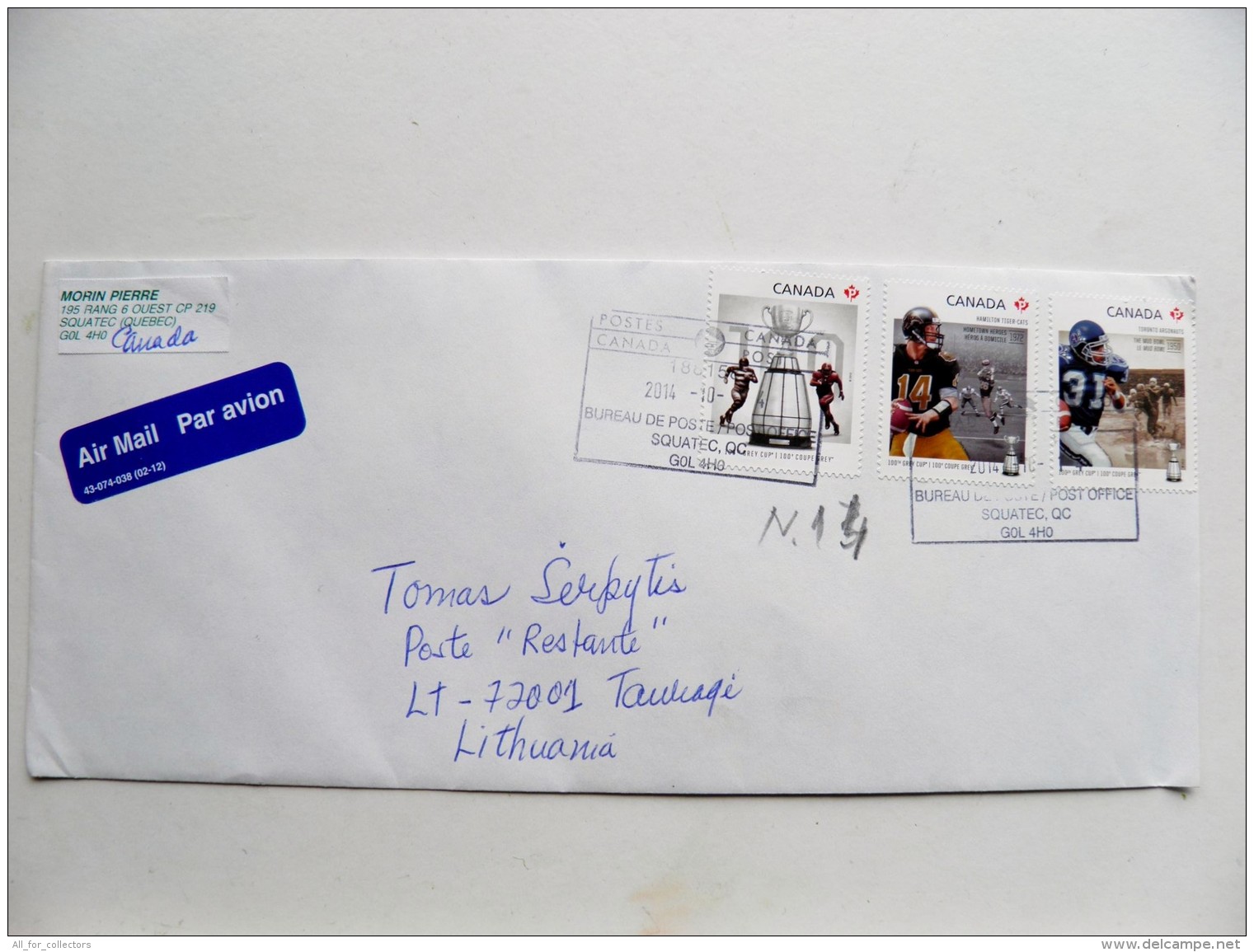 Cover From Canada To Lithuania 2014 Sport Grey Cup Rugby - Commemorative Covers