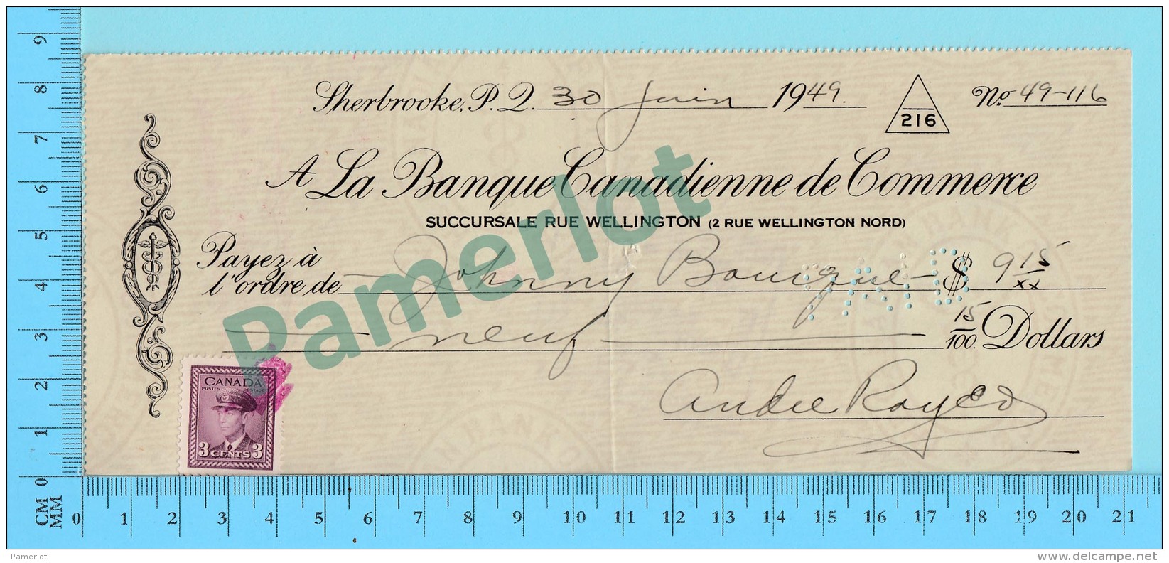 Sherbrooke Quebec Cheque 1947 - $ 9.15 Ministre Johnny S. Bourque Union Nationale Gouv. Duplessis  -2 Scans - Schecks  Und Reiseschecks