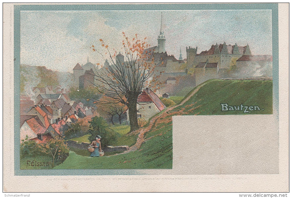 Litho AK Bautzen Kirche Burg Proitschenberg ? Protschenberg ? Wasserkunst ? Spreetal ? Künstlerkarte Von F. Elssner - Bautzen