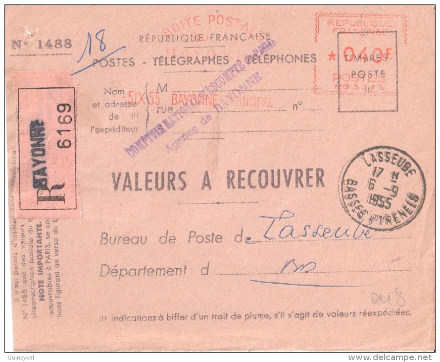 2313 BAYONNE Pyrénées Valeur à Recouvrer N° 1488 EMA Machine MG Ob 5 9 1955 Dest Lasseure Tf 8 12 51 40 F - Freistempel