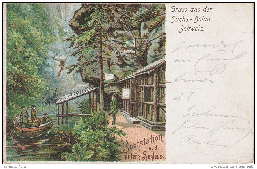 Litho AK Gruss Sächsische Böhmische Schweiz Bootstation Obere Hintere Schleuse Bei Hinterhermsdorf Sebnitz Hinterdaubitz - Hinterhermsdorf