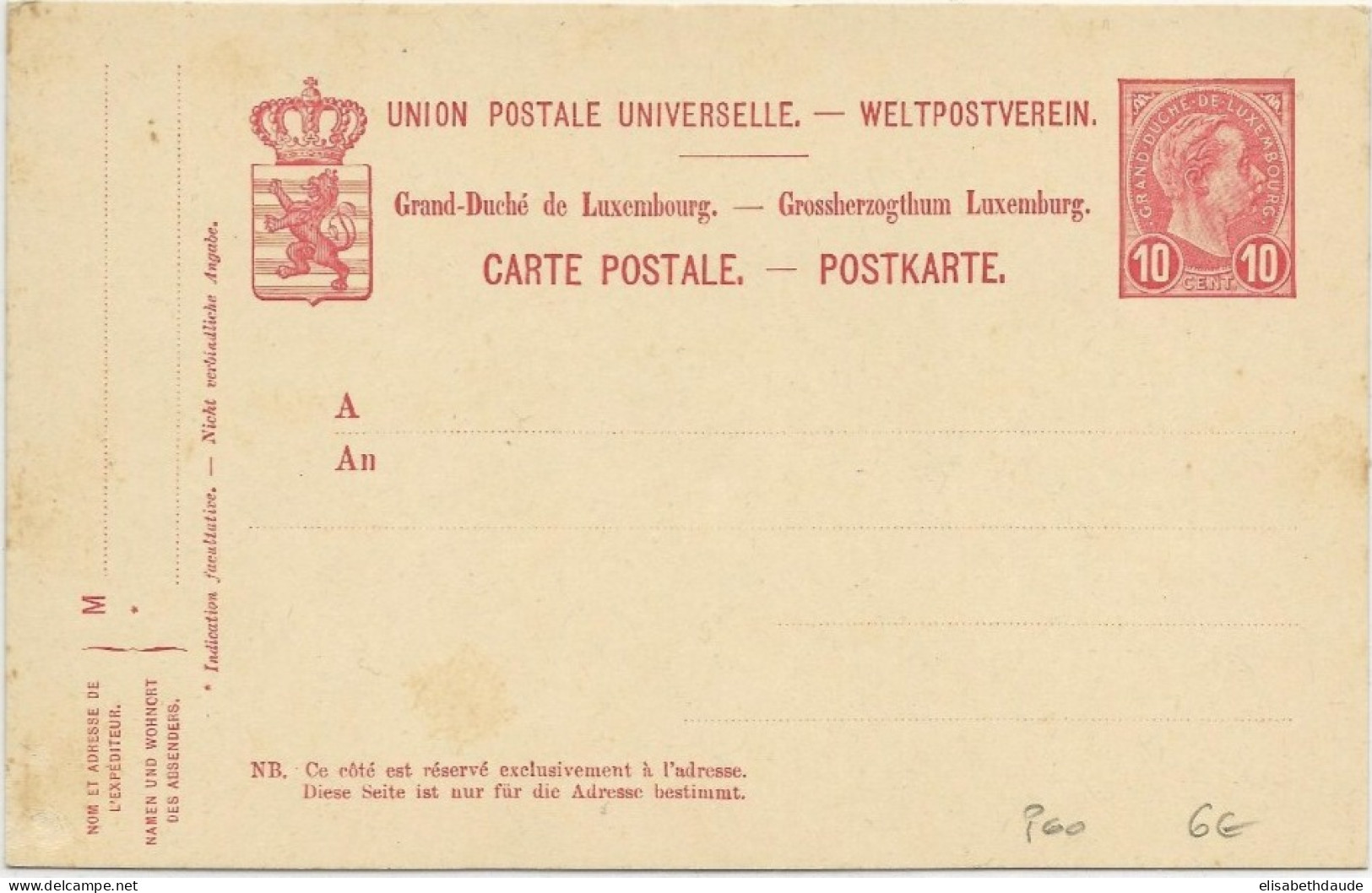 LUXEMBOURG - CARTE ENTIER POSTAL Ref: Mi P60 NEUVE - Interi Postali