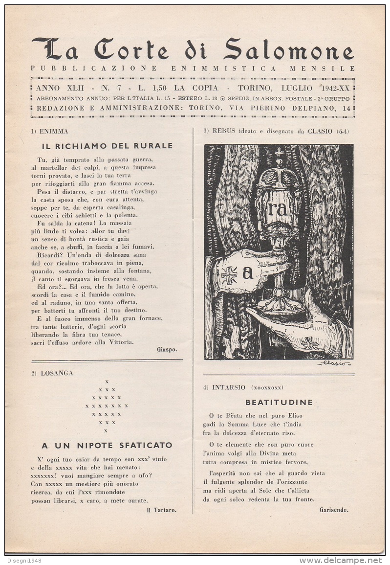 05259  "LA CORTE DI SALOMONE - PUBBLICAZIONE ENIMMISTICA MENSILE -  ANNO XLII - N. 7 - LUGLIO 1942 - XX" ORIGINALE - Spelletjes