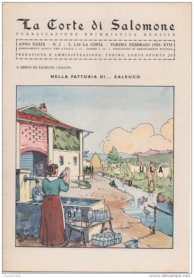 05260  "LA CORTE DI SALOMONE - PUBBLICAZIONE ENIMMISTICA MENSILE -  ANNO XXXIX - N. 2 - FEBBRAIO 1939 - XVII" ORIGINALE - Juegos